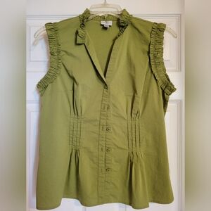 Worthington Green Ruched Blouse with Notched Collar